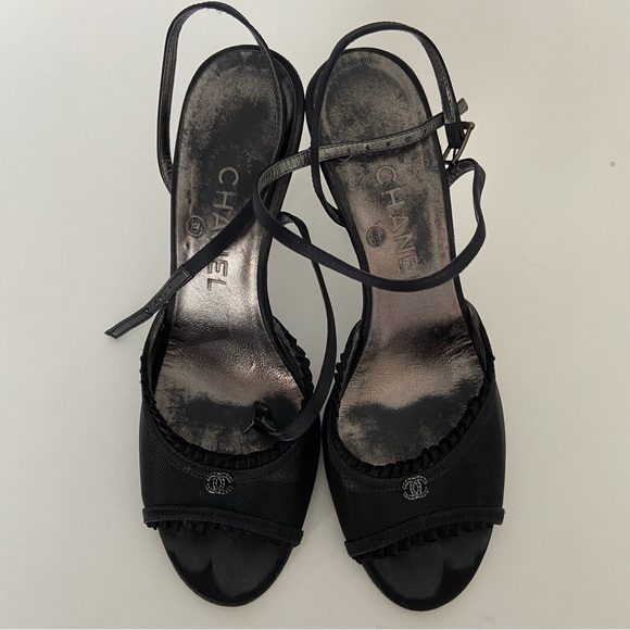 Chanel Black Mesh And Satin CC Open Toe Ankle Strap Heeled Sandals - Picture 4 of 16